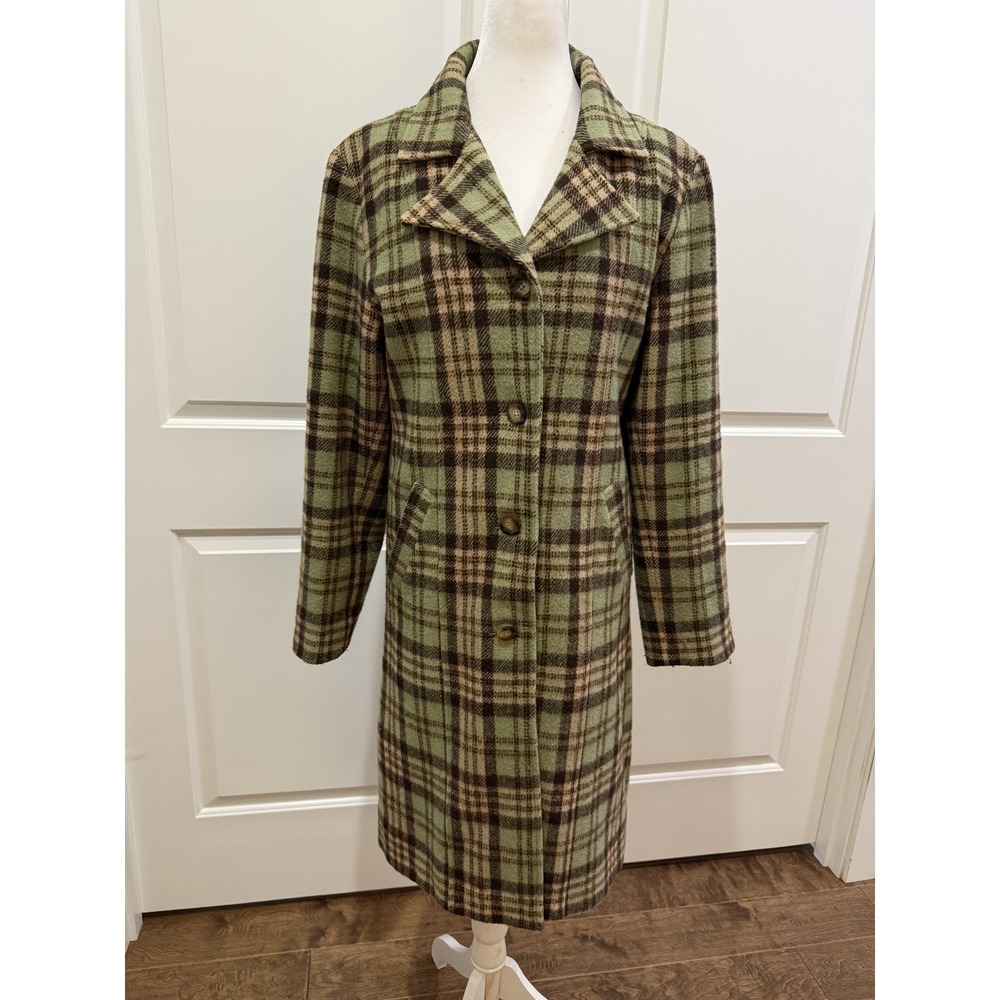 Vintage Plaid Green Brown Wool Coat Preppie‎ Y2K Women's Small